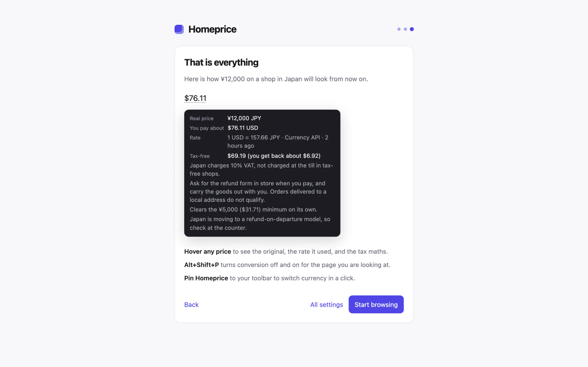 The Homeprice welcome screen straight after installing. A Japanese price of twelve thousand yen is written as 76 dollars 11, with 69 dollars 19 tax free beside it, and a button that says start browsing.